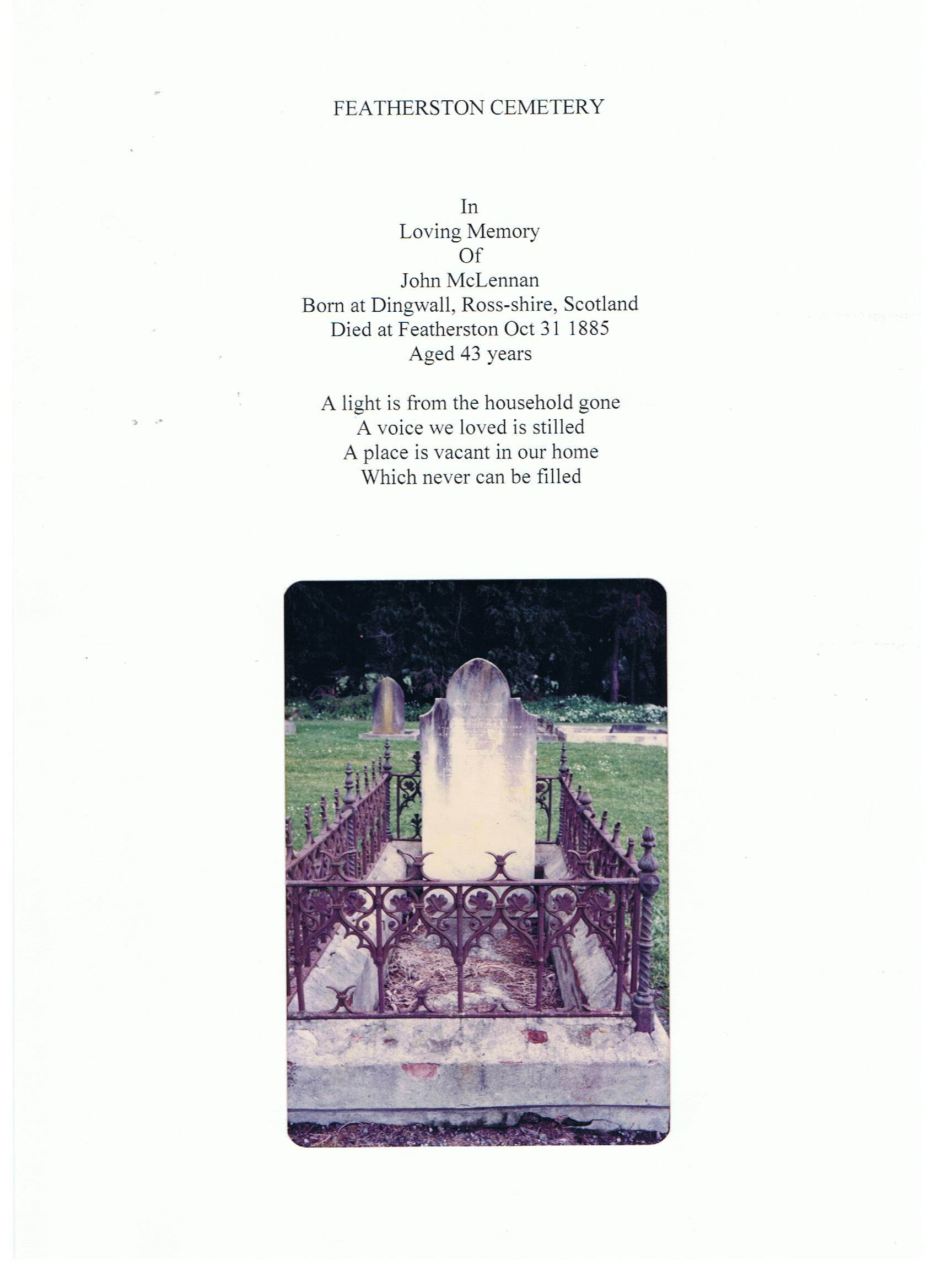 Photo of headstones/John McLennan d1885 hdstn FeatherstonNZ